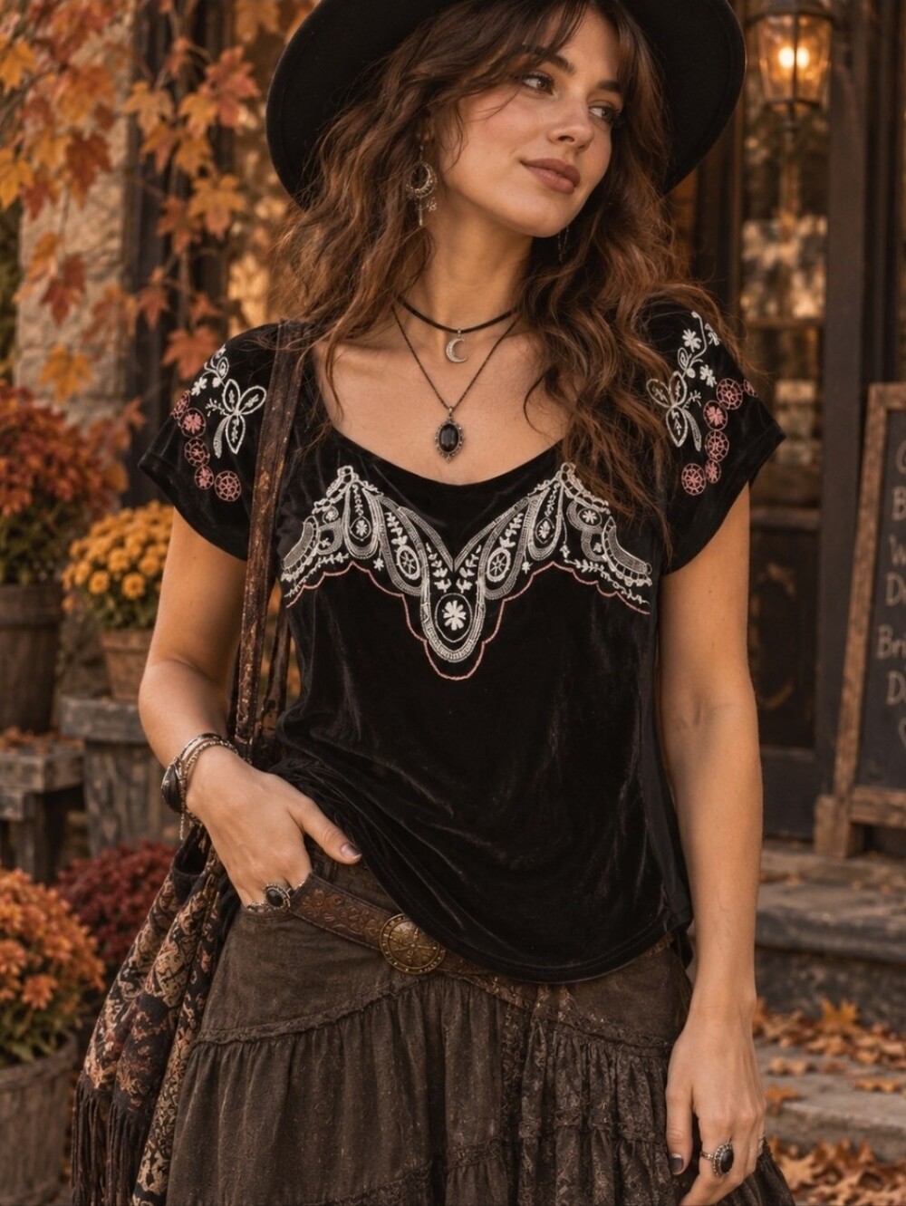 Free People "Party Train" embroidered Black velvet Bohemian Top Large